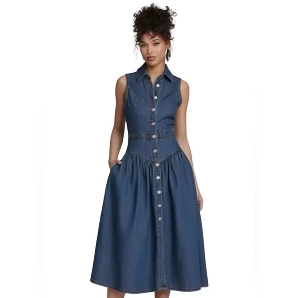 Sleeveless Dark Blue Denim Button-Front Midi Dress